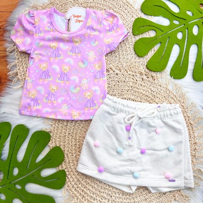 Conj. Blusa Ursinhas e Short Saia com Pompom - Lilás e Areia